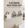 3’lü Yapışkanlı Tuvalet Kağıdı Tutucu Seti Siyah Duvar Tipi Rulo Kağıtlık