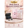 Wireless Şarjlı Pembe Akıllı Saat Ve Kablosuz Bluetooth Kulaklık Dokunmatik Kontrol
