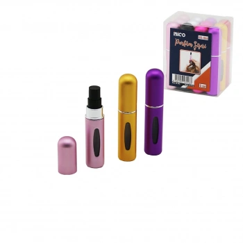 12 ADET MİNİ=CEP - ÇANTA BOY BOŞ SPREY PARFÜM ŞİŞESİ 5ML RENKLİ PLS. SEVİYE PENCERELİ (5263)