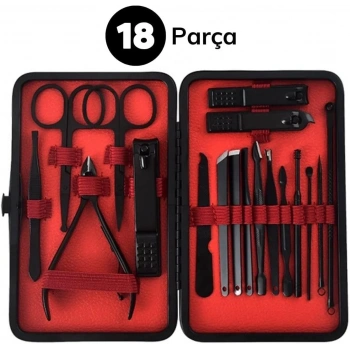 18 Parça Manikür Pedikür Set Kutusu Çelik Deri Çantalı Bakım Seti (5263)