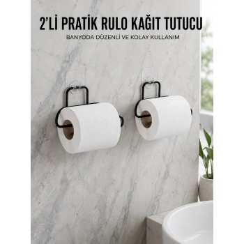 2 Adet Siyah Yapışkanlı Kağıtlık Duvar Tipi Tuvalet Kağıdı Ve Rulo Tutucu
