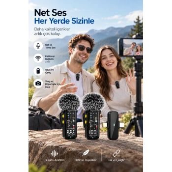 2.4g Kablosuz Çift Mikrofonlu Yaka Mikrofonu İçerik Üretim Seti
