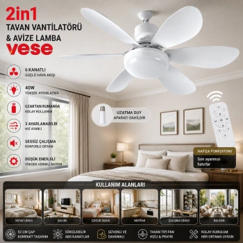 2İN1=TAVAN VANTİLATÖR - AVİZE LAMBA 40W KUMANDALI 6KNAT VNT-005 (5263)