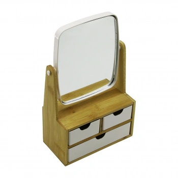 3 ÇEKMECELİ BAMBU AHŞAP STANDLI=9X9.5X18X21.5CM MAKYAJ AYNASI=15X18CM TAKILIK 2+1 ORGANİZER (5263)
