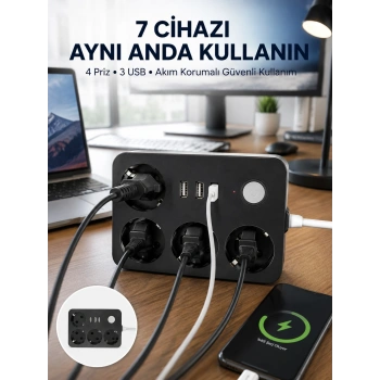 3 Usb Çıkışlı 4’lü Akıllı Priz 2500w 2 Metre Kablo