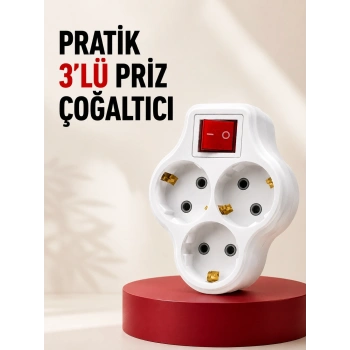 3’lü Topraklı Priz Çoklayıcı Açma Kapama Anahtarlı Direkt Prize Takılan Adaptör