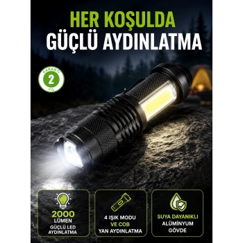 4 Modlu Usb Şarjlı Led El Feneri Kamp Ve Outdoor