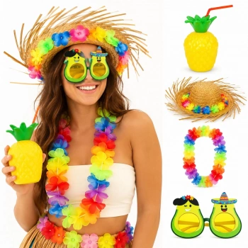 4 Parça Hawaii Parti Seti Ananas Bardak Hasır Şapka Avokado Gözlük Çiçek Kolye (5263)
