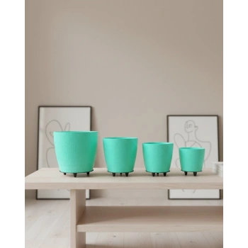 4’lü 3d Ayaklı Yeşil Saksı Seti Dekoratif Modern Tasarım