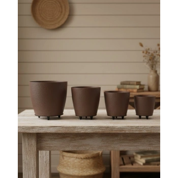 4’lü 3d Şık Kahverengi Vazo Seti Modern Ayaklı Saksı