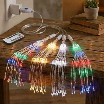 4’lü Açılır LED Işık Seti – 8 Farklı Işık Modlu, Kumandalı, USB Kablolu Renkli Dekoratif Fiber LED Lamba (5263)