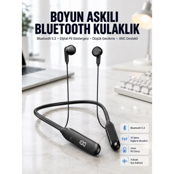 60 Saat Kablolu Boyun Askılı Dijital Göstergeli Bluetooth Kulaklığı Yeni Nesil