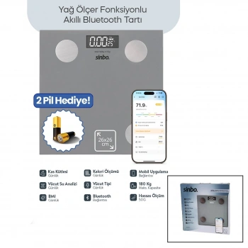 GRİ YAĞ ÖLÇER AKILLI BLUETOOTH CAM BASKÜL PİLLİ 180KG/50GR 26X26CM 8-KİŞİ HAFIZA LCD EKRAN ℃ GÖSTERGE SBS-4473 (5263)