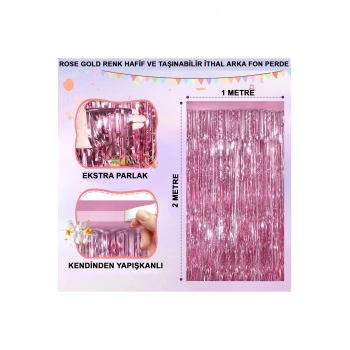 Rose Gold Renk Ekstra Metalize Parlak Saçaklı Arka Fon Perde İthal A Kalite 1x2 Metre (5263)