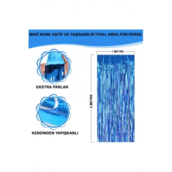 Mavi Renk Ekstra Metalize Parlak Saçaklı Arka Fon Perde İthal A Kalite 1x2 Metre (5263)