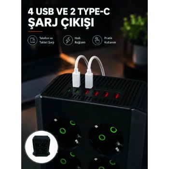 8li Dikey Çoklu Priz 4 Usb 2 Type-c Akım Korumalı Anahtarlı Priz