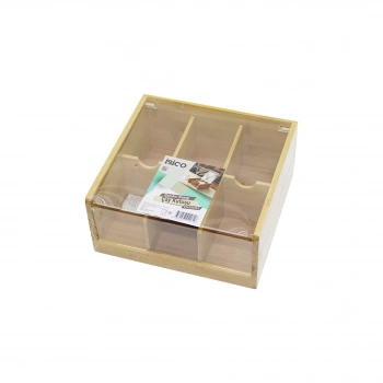 AHŞAP BAMBU 6 BÖLMELİ  POŞET ÇAY KUTUSU MİKA PLASTİK KAPAK  21X20X10CM (5263)