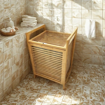 AHŞAP BAMBU KİRLİ ÇAMAŞIR SEPET KUMAŞ ÇANTALI SEPET=40X35X60CM (5263)