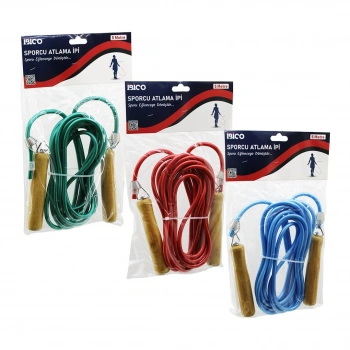 AHŞAP SAPLI PVC ATLAMA İPİ RENKLİ 5MT (5263)