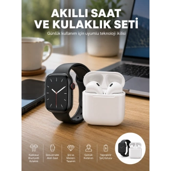 Akıllı Saat Gümüş Kasa Bluetooth Kulaklık Hediyeli Çok Fonksiyonlu İkili Set