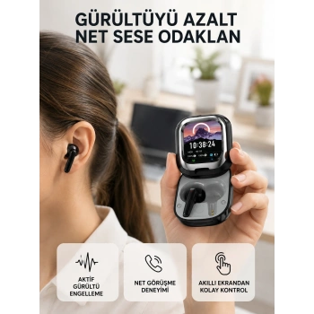 Aktif Gürültü Engelleme Özellikli Kablosuz Kulaklık – Akıllı Ekranlı Şarj Kutusu