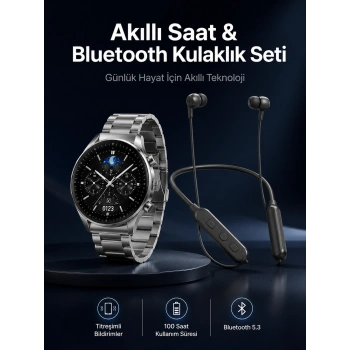 Alarm Ve Titreşim Özellikli Akıllı Saat Ve Mikrofonlu Kablolu Bluetooth Kulaklık 60 Saat