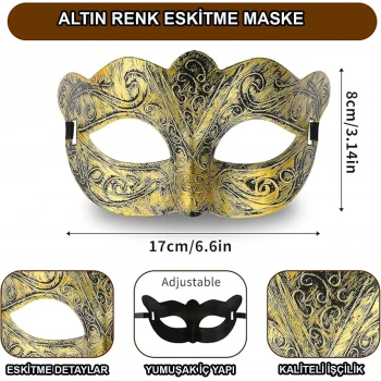 Altın Renk Eskitme Maskeli Balo Maskesi – Venedik Tarzı Parti Maskesi (5263)