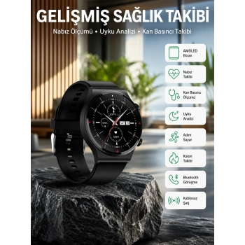 Amoled Ekran Metal Deri Silikon Kordonlu Uyku Ve Sağlık Takibi