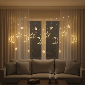 Ay ve Yıldız Figürlü Kumandalı 12 Sarkıtlı 120 LED Dekor Işık – Dekoratif Ortam ve Masaüstü Aydınlatması (5263)