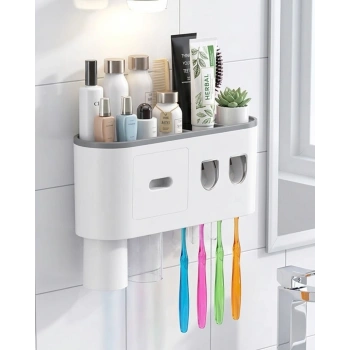 Banyo Organizer Diş Fırçası Tutucu Çift Dispenserli Raflı Çekmeceli