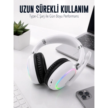 Beyaz Bluetooth 5.0 Mikrofonlu Kablosuz Kulak Üstü Kulaklık Rgb Işıklı Type-c Şarjlı
