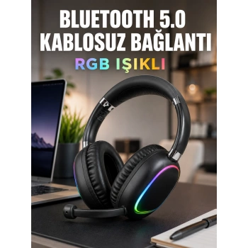 Bluetooth 5.0 Kablosuz Kulak Üstü Kulaklık Mikrofonlu Rgb Aydınlatmalı