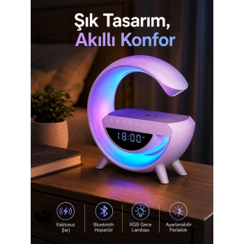 Bluetooth Hoparlör 15w Kablosuz Hızlı Şarj Led Gece Lambası