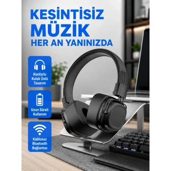 Bluetooth Kablosuz Kulak Üstü Kulaklık Katlanabilir Konforlu Ve Şık Tasarımlı
