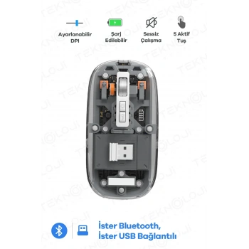 Bluetooth Usb Çift Modlu Sessiz Mouse, Şeffaf Mıknatıslı Kapaklı, Type-c Şarjlı, Dpı Ayarlı, Kablosuz 10m Çekim Mesafeli, Masaüstü Kısayol Tuşlu, Taşınabilir Şarjlı Mouse Siyah