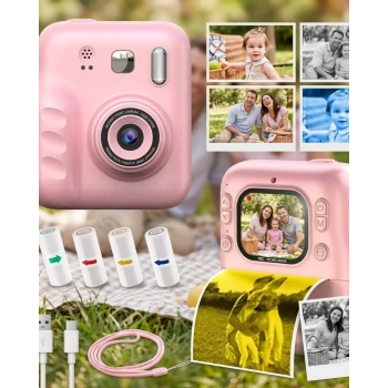 Çocuk Dijital Fotoğraf Makinesi Anında Baskı Ve Hd Video Kayıt Özellikli 5 Kalem Ve 4 Rulo Kağıt Hediye