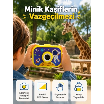 Çocuk Dijital Kamera Hd Fotoğraf Ve Video Çekimi 2.0 İnç Tft Ekran Type-c Şarjlı Mini Tripodlu