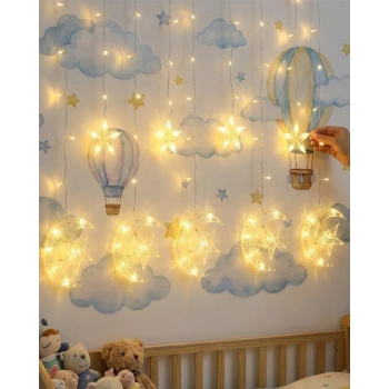 Dekoratif Ay Yıldız Perde Işığı Sıcak Beyaz Festival Ve Ev Süsleme