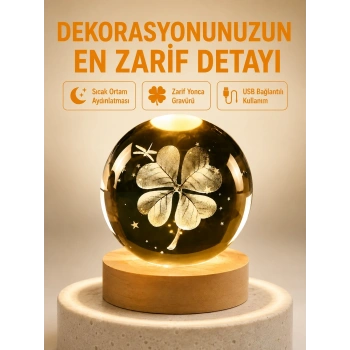 Dekoratif Yonca Görünümlü Işıklı Kristal Cam Küre Usb Masa Gece Lambası