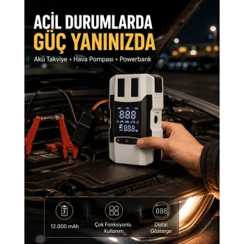 Dijital Ekranlı Araç Pompası Akü Takviye Powerbank 12.000 Mah Yeni Nesil
