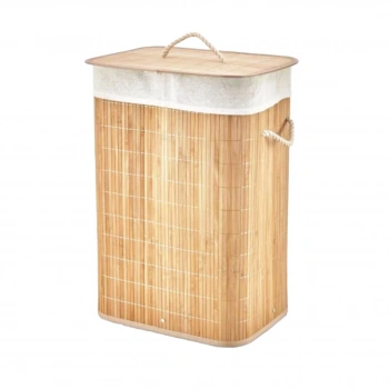 DİKDÖRTGEN BAMBU AHŞAP KİRLİ ÇAMAŞIR SEPETİ 40X30X60CM SEYYAR KAPAKLI İÇİ BEZLİ İP KULPLU (5263)