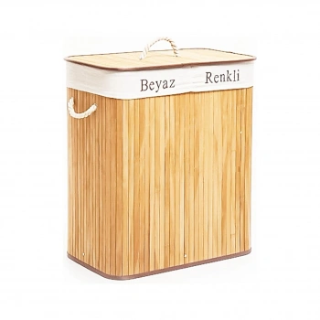 DİKDÖRTGEN İKİ BÖLMELİ İÇ BEZ BAMBU AHŞAP KİRLİ ÇAMAŞIR SEPETİ İP KULP 52X32X62CM (5263)