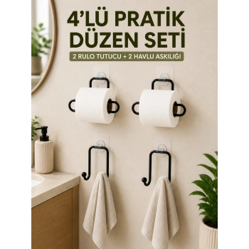 Duvara Yapışkanlı Rulo Kağıtlık Ve Havlu Askılığı 2’şer Adet 4’lü Set
