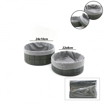 GRİ 2 BOY YUVARLAK BAMBU KENAR ORGANİZER SEPET AHŞAP ALTLIK - BEZLİ ÇAP=22X24CM (5263)