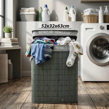 GRİ DİKDÖRTGEN 2 BÖLMELİ 52X32CM Y:63CM BAMBU AHŞAP KİRLİ ÇAMAŞIR SEPETİ KUMAŞ ÇANTALI İP KULP (5263)