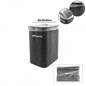 GRİ DİKDÖRTGEN 40X30CM - Y:60CM BAMBU AHŞAP KİRLİ ÇAMAŞIR SEPETİ SEYYAR KAPAKLI KUMAŞ ÇANTALI İP KULPLU (5263)