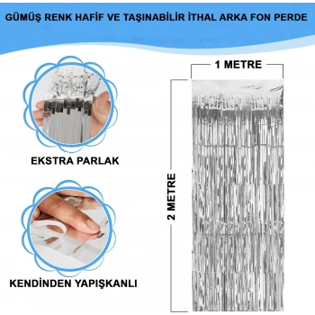 Gümüş Renk Ekstra Metalize Parlak Saçaklı Arka Fon Perde İthal A Kalite 1x2 Metre (5263)