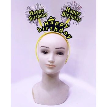 Happy Birthday Püsküllü Neon Sarı Renk Doğum Günü Tacı 22x19 cm (5263)