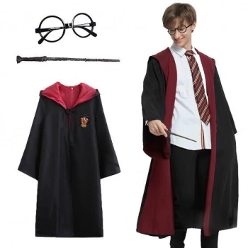Harry Potter Gryffindor Kapişonlu Çocuk Kostüm + Asa + Gözlük Seti 5-6 Yaş (5263)