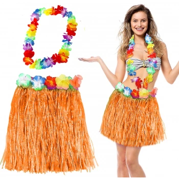 Hawaii Luau Aloha Turuncu Püsküllü 40 cm Etek ve Hawaii Kolye Seti (5263)